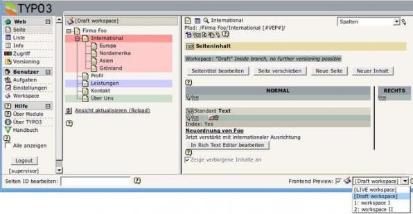 Das Seitenmodul mit geladenem Draft-Workspace. Zu erkennen sind die farblichen Markierungen für überarbeitete Seiten und Elemente sowie der Workspace-Selektor im Shortcut-Frame. Das Seitenmodul mit geladenem Draft-Workspace. Zu erkennen sind die farblichen Markierungen für überarbeitete Seiten und Elemente sowie der Workspace-Selektor im Shortcut-Frame.