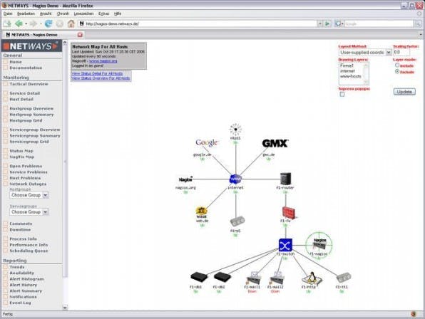 Die Nagios-Statusmap zeigt die einzelnen Hosts grafisch an und gibt die Beziehungen zueinander im Netzwerk wieder. Die Nagios-Statusmap zeigt die einzelnen Hosts grafisch an und gibt die Beziehungen zueinander im Netzwerk wieder.