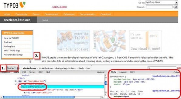 Inspektion der TYPO3-Website: Ein Klick auf „Inspect“ (1.) und die Formatierungen des ausgewählten Seitenelements (2.) werden angezeigt. Inspektion der TYPO3-Website: Ein Klick auf „Inspect“ (1.) und die Formatierungen des ausgewählten Seitenelements (2.) werden angezeigt.