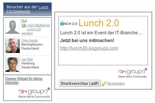 Sixgroups unterstützt Community-Betreiber beim Marketing mit Widgets, die sich auf anderen Websites einbinden lassen, und mit einem Flyer-Generator, der A4-PDFs mit acht Handzetteln je Seite erstellen kann. Sixgroups unterstützt Community-Betreiber beim Marketing mit Widgets, die sich auf anderen Websites einbinden lassen, und mit einem Flyer-Generator, der A4-PDFs mit acht Handzetteln je Seite erstellen kann.