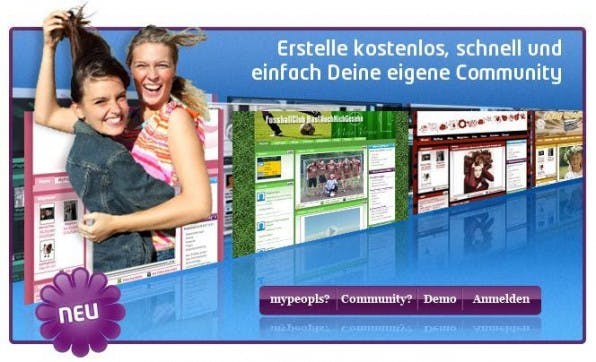 Wie alle Community-Hoster wirbt auch Mypeopls mit einem Baukästen zum schnellen, kostenlosen und einfachen Erstellen der eigenen Community. Wie alle Community-Hoster wirbt auch Mypeopls mit einem Baukästen zum schnellen, kostenlosen und einfachen Erstellen der eigenen Community.