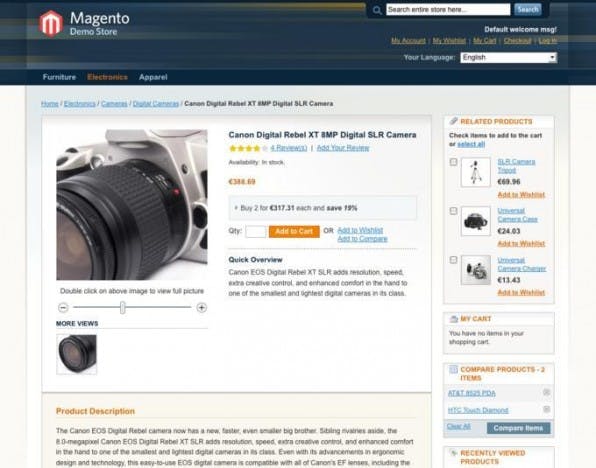 Der Demo-Shop von Magento zeigt bereits, welchen großen Funktionsumfang das Shop-System mitbringt: Besucher können zum Beispiel Produktfotos stufenlos zoomen, außerdem schlägt der Shop ähnliche Produkte vor. Der Demo-Shop von Magento zeigt bereits, welchen großen Funktionsumfang das Shop-System mitbringt: Besucher können zum Beispiel Produktfotos stufenlos zoomen, außerdem schlägt der Shop ähnliche Produkte vor.