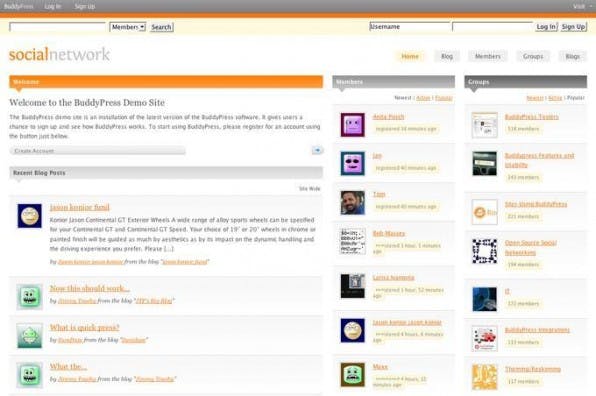 Demo-Installation von BuddyPress auf testbp.org. Blogs treten beim Standardlayout in die zweite Reihe. Demo-Installation von BuddyPress auf testbp.org. Blogs treten beim Standardlayout in die zweite Reihe.