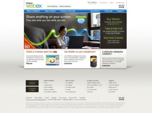 Die neue US-Website von Cisco WebEx setzt auf großflächige Grafiken und bietet schnellen Zugriff auf multimediale Inhalte. Die neue US-Website von Cisco WebEx setzt auf großflächige Grafiken und bietet schnellen Zugriff auf multimediale Inhalte.