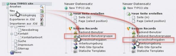 Abbildung 1: Datensätze für Backend-Benutzergruppen (links) und Verzeichnisfreigaben (rechts) erzeugen. Abbildung 1: Datensätze für Backend-Benutzergruppen (links) und Verzeichnisfreigaben (rechts) erzeugen.