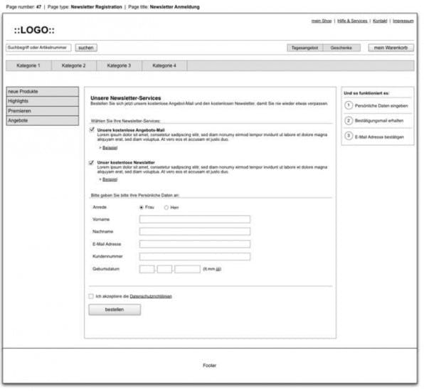 Detaillierte Wireframes bestimmen viele Parameter und geben einen konkreten Eindruck der späteren Website. Detaillierte Wireframes bestimmen viele Parameter und geben einen konkreten Eindruck der späteren Website.