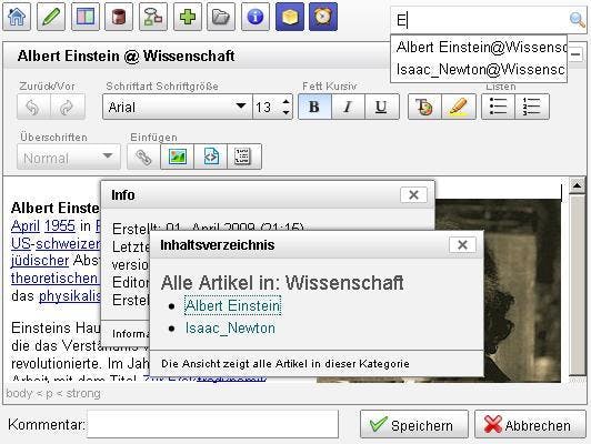 Wiki-Hauptmenü, Suchbox mit Autocomplete, RTE und zwei Panels. Der Anwender kann über AJAX-Requests zusätzliche Informationen nachladen, ohne den Editiermodus verlassen zu müssen. Wiki-Hauptmenü, Suchbox mit Autocomplete, RTE und zwei Panels. Der Anwender kann über AJAX-Requests zusätzliche Informationen nachladen, ohne den Editiermodus verlassen zu müssen.
