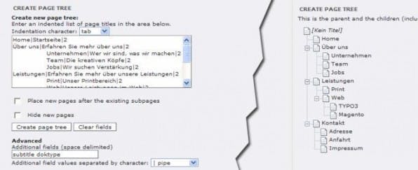 Mit dem „Page Tree Creation Wizard“ lassen sich ganze Seitenbäume importieren, auf Wunsch auch mit Zusatzangaben wie Untertitel oder Alias. Mit dem „Page Tree Creation Wizard“ lassen sich ganze Seitenbäume importieren, auf Wunsch auch mit Zusatzangaben wie Untertitel oder Alias.