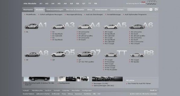 Begeistern Sie Kunden und zeigen Sie, was Sie haben. Wie hier bei audi.de wird die Navigation durch klare Strukturierung und gelungene Umsetzung zum haptischen Kundenerlebnis. Begeistern Sie Kunden und zeigen Sie, was Sie haben. Wie hier bei audi.de wird die Navigation durch klare Strukturierung und gelungene Umsetzung zum haptischen Kundenerlebnis.