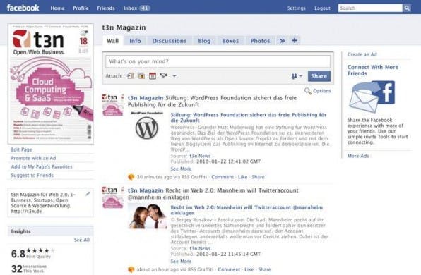 Auf der Facebook-Fanpage von t3n werden die neuen Artikel von t3n.de über die App „RSS Graffiti“ veröffentlicht. Auf der Facebook-Fanpage von t3n werden die neuen Artikel von t3n.de über die App „RSS Graffiti“ veröffentlicht.
