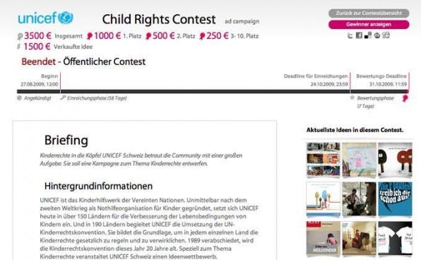 Unicef zeigt in einer Kampagne (ausgeschrieben auf Jovoto), wie gutes Crowdsourcing aussieht: klare Aufgabe, durchdachtes Briefing, faire Vergütung bis zum 10. Platz. Belohnt wurde Unicef mit einer Vielzahl frischer Ideen. Unicef zeigt in einer Kampagne (ausgeschrieben auf Jovoto), wie gutes Crowdsourcing aussieht: klare Aufgabe, durchdachtes Briefing, faire Vergütung bis zum 10. Platz. Belohnt wurde Unicef mit einer Vielzahl frischer Ideen.
