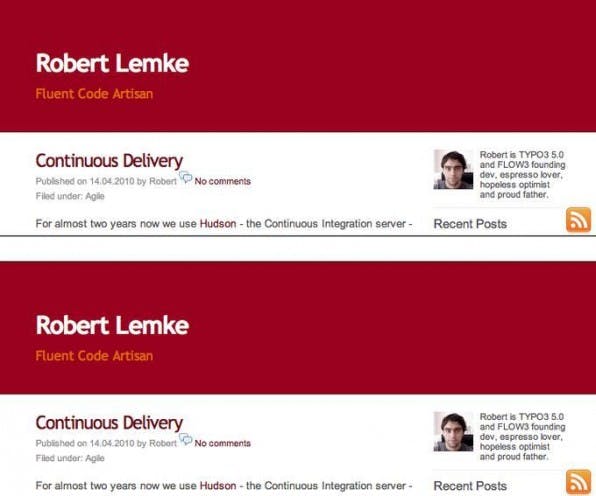 Zwei scheinbar identiche Websites, die<br /> unterschiedlicher kaum sein könnten. Die Entwicklung der oberen<br /> (Klick-Dummy) dauete rund 10 Stunden, für die untere (basiert auf FLOW3)<br /> waren drei Jahre Entwicklungsarbeit nötig. Zwei scheinbar identiche Websites, die<br /> unterschiedlicher kaum sein könnten. Die Entwicklung der oberen<br /> (Klick-Dummy) dauete rund 10 Stunden, für die untere (basiert auf FLOW3)<br /> waren drei Jahre Entwicklungsarbeit nötig.