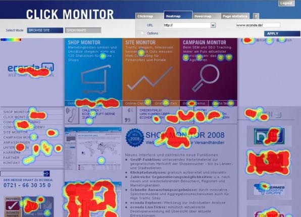 Econda bietet eine Reihe von Visualisierungen der Besucherbewegungen. Hier eine Heatmap, also die kumulierte Anzahl von Klicks mit der linken Maustaste auf die Live-Page (unabhängig davon, ob dort ein Link sitzt oder nicht). Econda bietet eine Reihe von Visualisierungen der Besucherbewegungen. Hier eine Heatmap, also die kumulierte Anzahl von Klicks mit der linken Maustaste auf die Live-Page (unabhängig davon, ob dort ein Link sitzt oder nicht).