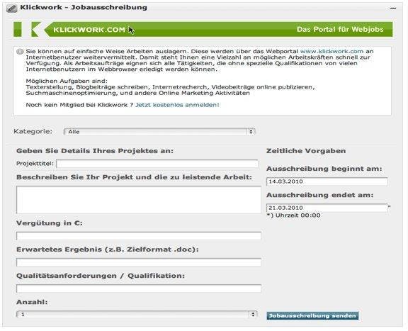 Der Online-Marketing Assistent bietet eine Anbindung an die deutschsprachige Microjob-Plattform www.klickwork.com. Der Online-Marketing Assistent bietet eine Anbindung an die deutschsprachige Microjob-Plattform www.klickwork.com.