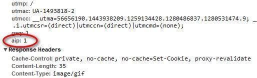 Die Funktion anonymizeIP übergibt dem Trackingcode stets den Parameter „aip=1“ (hier Chrome Developer Tools). Die Funktion anonymizeIP übergibt dem Trackingcode stets den Parameter „aip=1“ (hier Chrome Developer Tools).