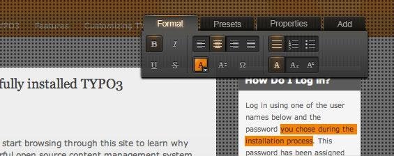 Dank des neuen Editors „Aloha“ in TYPO3 5.0 können Redakteure ihre Inhalte direkt im Frontend bearbeiten. Dank des neuen Editors „Aloha“ in TYPO3 5.0 können Redakteure ihre Inhalte direkt im Frontend bearbeiten.