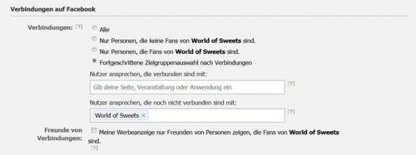 Unter „Verbindungen auf Facebook“ entscheiden Werbetreibende, ob sie bestimmte Nutzer von der Schaltung einer Anzeige ausschließen möchten. Unter „Verbindungen auf Facebook“ entscheiden Werbetreibende, ob sie bestimmte Nutzer von der Schaltung einer Anzeige ausschließen möchten.