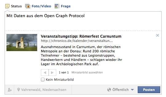 Das gleiche Bild zeigt sich bei Facebook. Im Beispiel mit unterstütztem Open-Graph-Protokoll. Das gleiche Bild zeigt sich bei Facebook. Im Beispiel mit unterstütztem Open-Graph-Protokoll.
