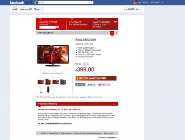 Der Shop von redcoon verwendet die F-Commerce-Lösung ShopShare. Der Shop von redcoon verwendet die F-Commerce-Lösung ShopShare.