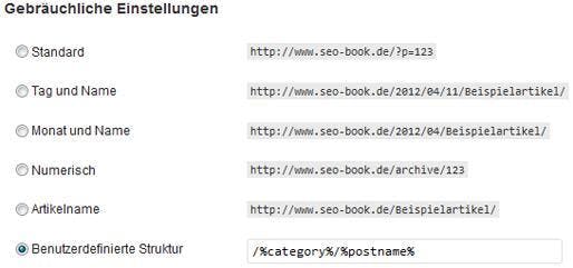 Statt der von WordPress vorgegebenen URL-Schemata, empfiehlt sich eine benutzerdefinierte Struktur, die Kategorie und Titel des Beitrags enthält. Statt der von WordPress vorgegebenen URL-Schemata, empfiehlt sich eine benutzerdefinierte Struktur, die Kategorie und Titel des Beitrags enthält.