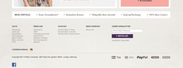 Im Footerbereich der Mexx-Website werden die Logos der Zahlungsmethoden abhängig vom selektierten Land angezeigt. Im Footerbereich der Mexx-Website werden die Logos der Zahlungsmethoden abhängig vom selektierten Land angezeigt.