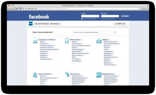 Conrad Electronic setzt auf Facebook keinen vollwertigen Shop ein, sondern bildet lediglich den eigenen Produktkatalog ab. Conrad Electronic setzt auf Facebook keinen vollwertigen Shop ein, sondern bildet lediglich den eigenen Produktkatalog ab.