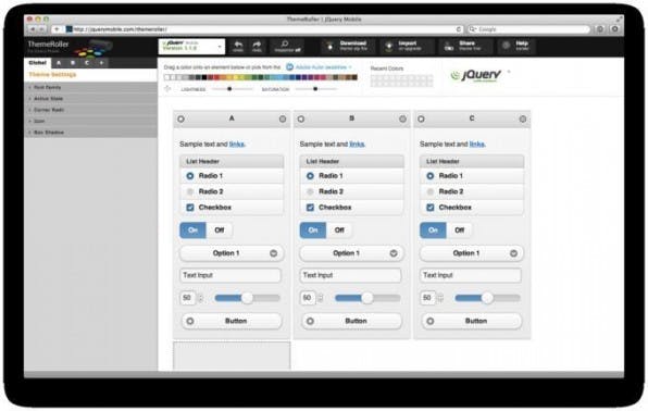 Mit dem „ThemeRoller“ stellt jQuery Mobile einen grafischen Editor online bereit, mit dem Designer das komplette Look & Feel ihrer Apps leicht konfigurieren können. Mit dem „ThemeRoller“ stellt jQuery Mobile einen grafischen Editor online bereit, mit dem Designer das komplette Look & Feel ihrer Apps leicht konfigurieren können.