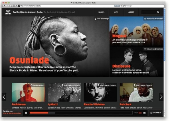 rbmaradio.com, das Online-Radio der Red Bull Music Academy, stellt Sendungen mittels Backbone.js und Backbone.Marionette zur Verfügung.