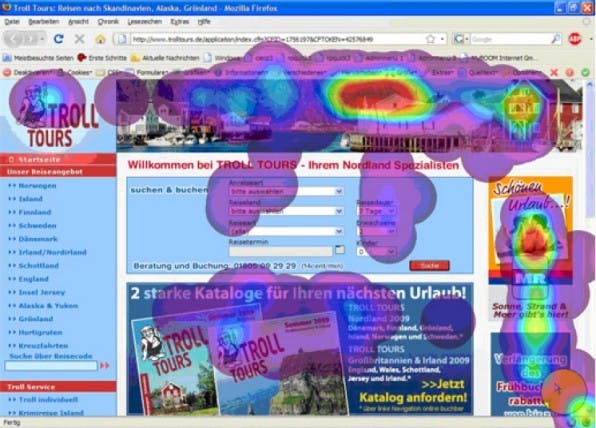 Per Eye-Tracking wird die Blickrichtung von Website-Besuchern aufgezeigt und in „Heatmaps“ dargestellt. Am höchsten ist die Verweildauer bei den Menüs und Buttons.