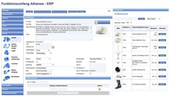 Die ERP-Komponente von Athenos bietet weitgehend automatisierte Workflows für die zentralen Aufgaben der Geschäftsprozesse: Materialwirtschaft, Auftragsbearbeitung, Faktura und Lagerverwaltung.