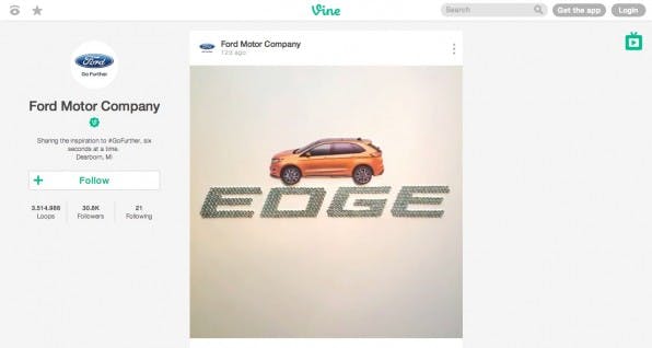 Die Profilseiten, hier die von Ford, sind bei Vine radikal entschlackt und lenken die volle Aufmerksamkeit auf das Video.