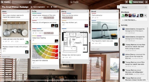 Trello gehört zu den Tools, die speziell auf Personal Kanban zugeschnitten wurden. Es bietet auf sehr einfache Art und Weise die Möglichkeit, nebeneinander liegende Spalten anzulegen, zwischen denen dann Tasks per Drag&Drop verschoben werden können. (Screenshot: Trello)