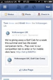Volkswagen mit einem Sponsored Post bei Facebook: Im Idealfall sind solche Posts kontext-sensitiv und reagieren auf die Nutzungssituation des Users. (Screenshot: facebook.com)