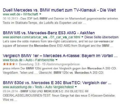 Markennamen sollten möglichst im Title auftauchen. Erkennen Suchende innerhalb der Suchergebnisse bekannte Markennamen, erhöht sich die Klickwahrscheinlichkeit. (Screenshot: google.de)
