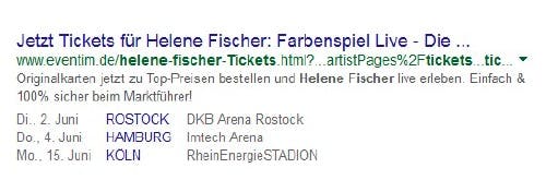 Über spezielle HTML-Markups lassen sich Snippets zu so genannten Rich Snippets erweitern, die zum Beispiel Veranstaltungsorte und -termine anzeigen. (Screenshot: google.de)