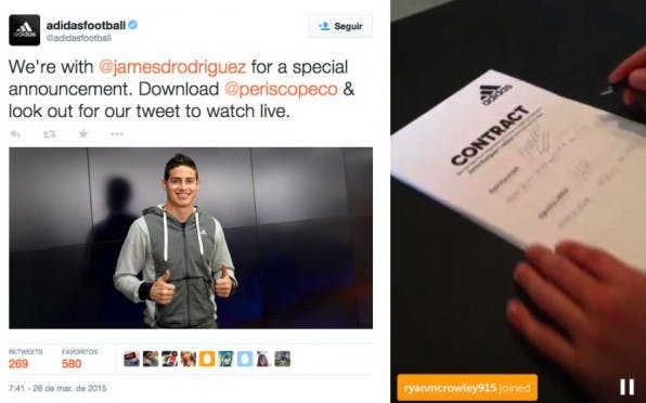 Kundenbindung hautnah: Adidas streamte die Vertragsunterzeichnung des Fußballspielers James Rodriguez live per Periscope.