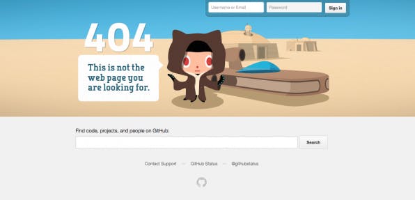 Witzige 404-Fehlerseiten machen aus einem frustrierenden ein humorvolles Erlebnis. Wie etwa die GitHub-Fehlerseite, die an eine Filmreihe erinnert, die den Nutzern sicherlich vertraut sein dürfte.