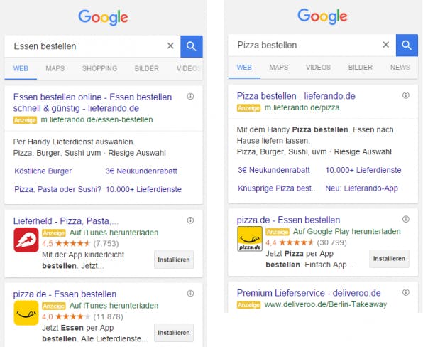 Google bietet seit 2014 die Möglichkeit an, über AdWords Anzeigen zu schalten, in denen Apps direkt beworben werden – inklusive Installations-Button (links: iOS, rechts: Android).