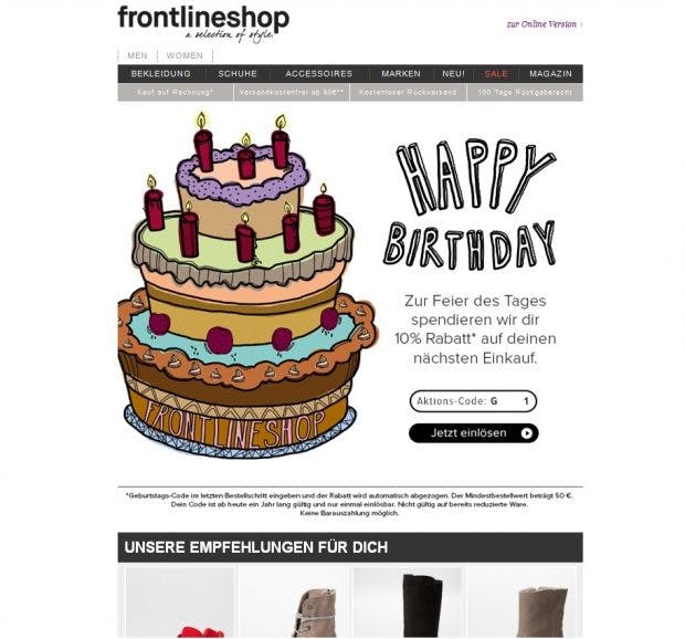 Kundenbindung durch Geburtstagsgrüße mit kleinen Extras – Das macht frontlineshop vor und sorgt so für Freude bei Kunden.