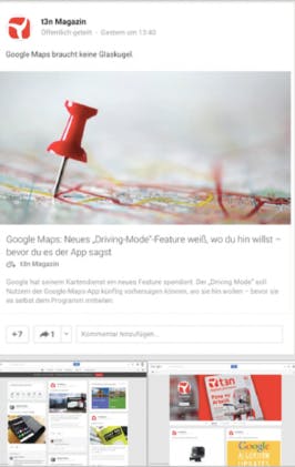 Google+ setzt Card Design für eine nahtlose User-Experience ein und bietet zusätzliche Interaktionsmöglichkeiten wie Kommentare und +1-Angaben direkt innerhalb der Card. (Screenshot: t3n)