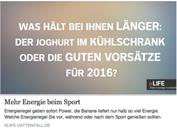 Das Posting auf Vattenfalls Facebook-Kanal nimmt den Jahreswechsel zum Anlass, um auf bestehende Inhalte der Webpräsenz aufmerksam zu machen.