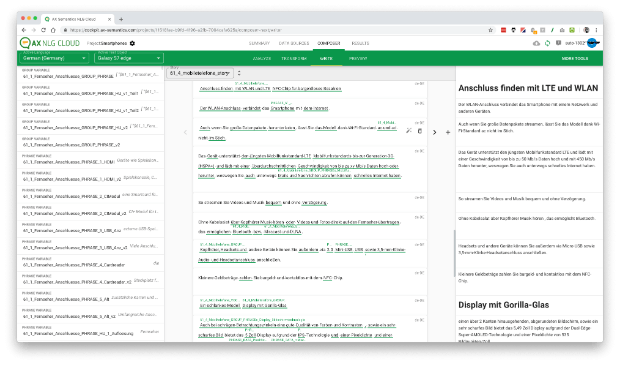 Ein Textgenerator wie AX Semantics erstellt variierende Texte in beliebiger Anordnung mit Informationen aus Datenbanken. Das Tool beherrscht die Grammatik von über hundert Sprachen. (Screenshot: AX Semantics)