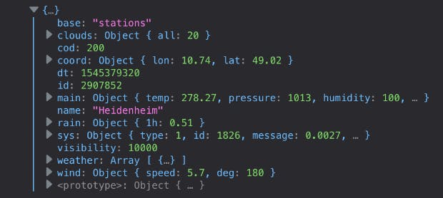 Über die API landen die Wetterdaten in der Browser-Konsole und können dann im Frontend dargestellt werden. (Screenshot: Aaron Czichon)