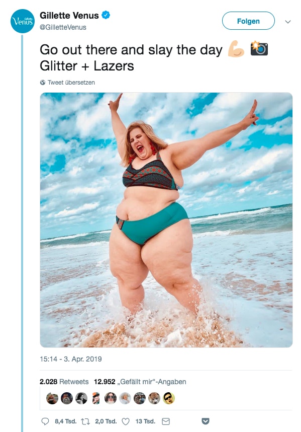 Gillette setzt in einer aktuellen Werbekampagne auf die Zusammenarbeit mit Plus-Size-Model Anna O‘Brien und stellt bewusst klassische Schönheitskonzepte in Frage. (Screenshot: Twitter)