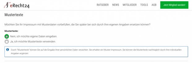 Auch beim Rechtsdienstleister E-Recht 24 können Nutzer Mustertexte, beispielsweise für das Impressum ihres Webshops, generieren. (Screenshot: E-Recht 24)