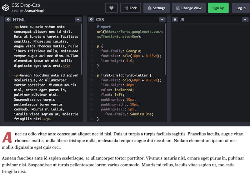 Schicker Texteinstieg mit CSS: Mit „first-letter“ lassen sich Initiale in Größe, Farbe und Schriftart bauen. (Screenshot: Codepen)