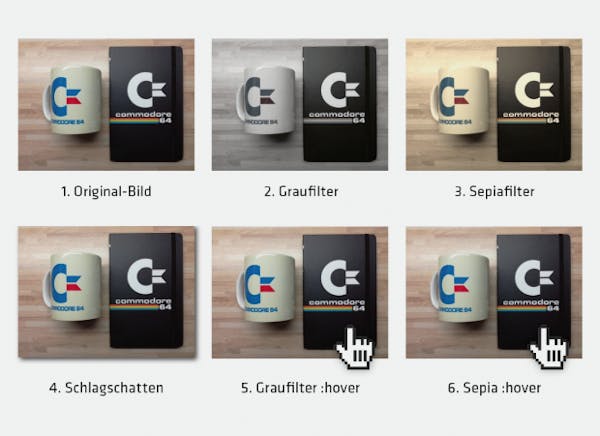 Alle sechs Ansichten zeigen dasselbe Bild, nur die CSS-Angaben unterscheiden sich. Bild 2 erhielt einen Graufilter von 90 Prozent, Bild 3 einen Sepia-Farbton, Bild 4 einen Schlagschatten und Bild 5 und 6 jeweils einen Filter, der erst aktiv wird, wenn ein Nutzer mit der Maus darüber fährt. Damit der Mouseover- oder HoverEffekt nicht zu abrupt erscheint, sorgt die Eigenschaft „transition“ für eine Übergangszeit von einer Sekunde. Das Ergebnis der beiden oberen Code-Fragmente können Webdesigner auch auf Codepen betrachten: t3n.me/cssfilter. (Abbildung: Codepen/t3n)