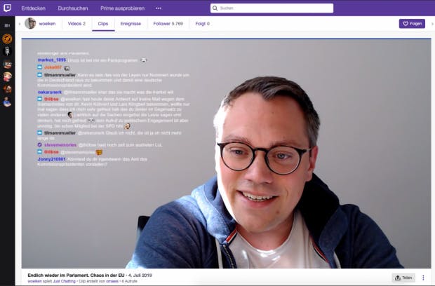 Konstruktive Kritik und Fragen auf hohem Niveau: Tiemo Wölken, SPD-Abgeordneter im Europaparlament, schätzt die politischen Diskussionen auf der Streaming-Plattform Twitch. (Screenshot: Twitch/ Tiemo Wölken)