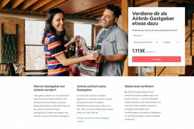 Eingelöst wird das Versprechen von der Landingpage, hier gut umgesetzt von Airbnb: Wording nah an der Anzeige, nur die wichtigsten Informationen, keine ablenkenden Menütafeln, deutlicher Call-to-Action. (Screenshot: Airbnb)