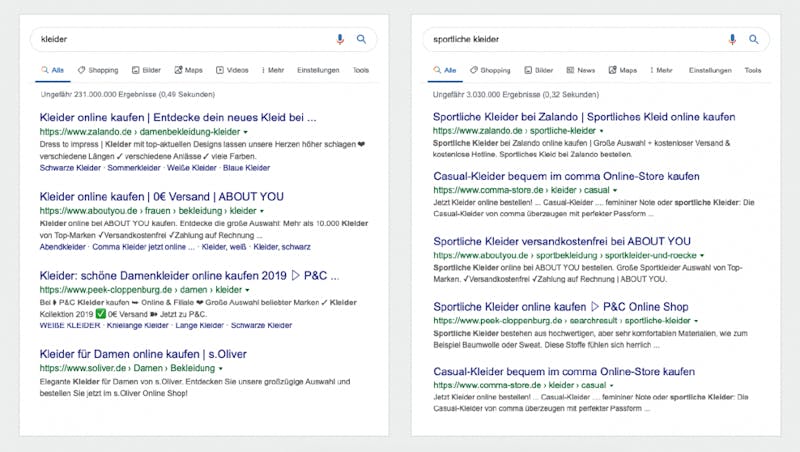 Für das Keyword „sportliche Kleider“ hat ein Anbieter wie „comma-store“ bessere Chancen als für das deutlich generischere Keyword „Kleider“. (Screenshots: Google)